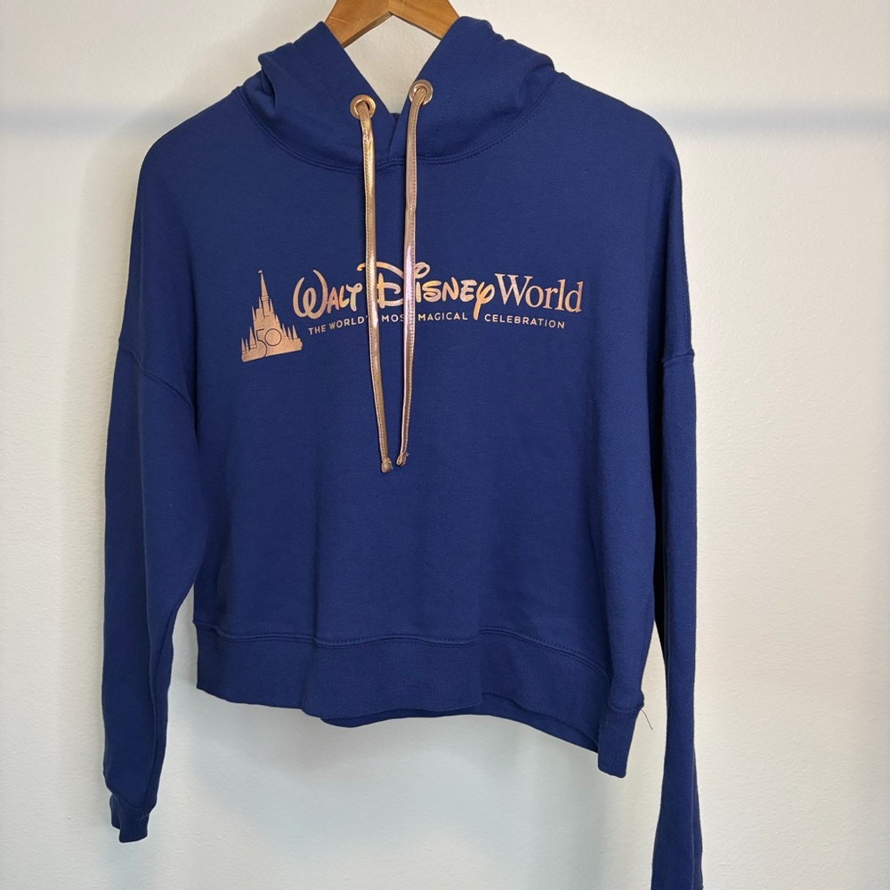 Disney 50 Royal Blue Cropped Hoodie with Rose Gold Walt Disney World Logo